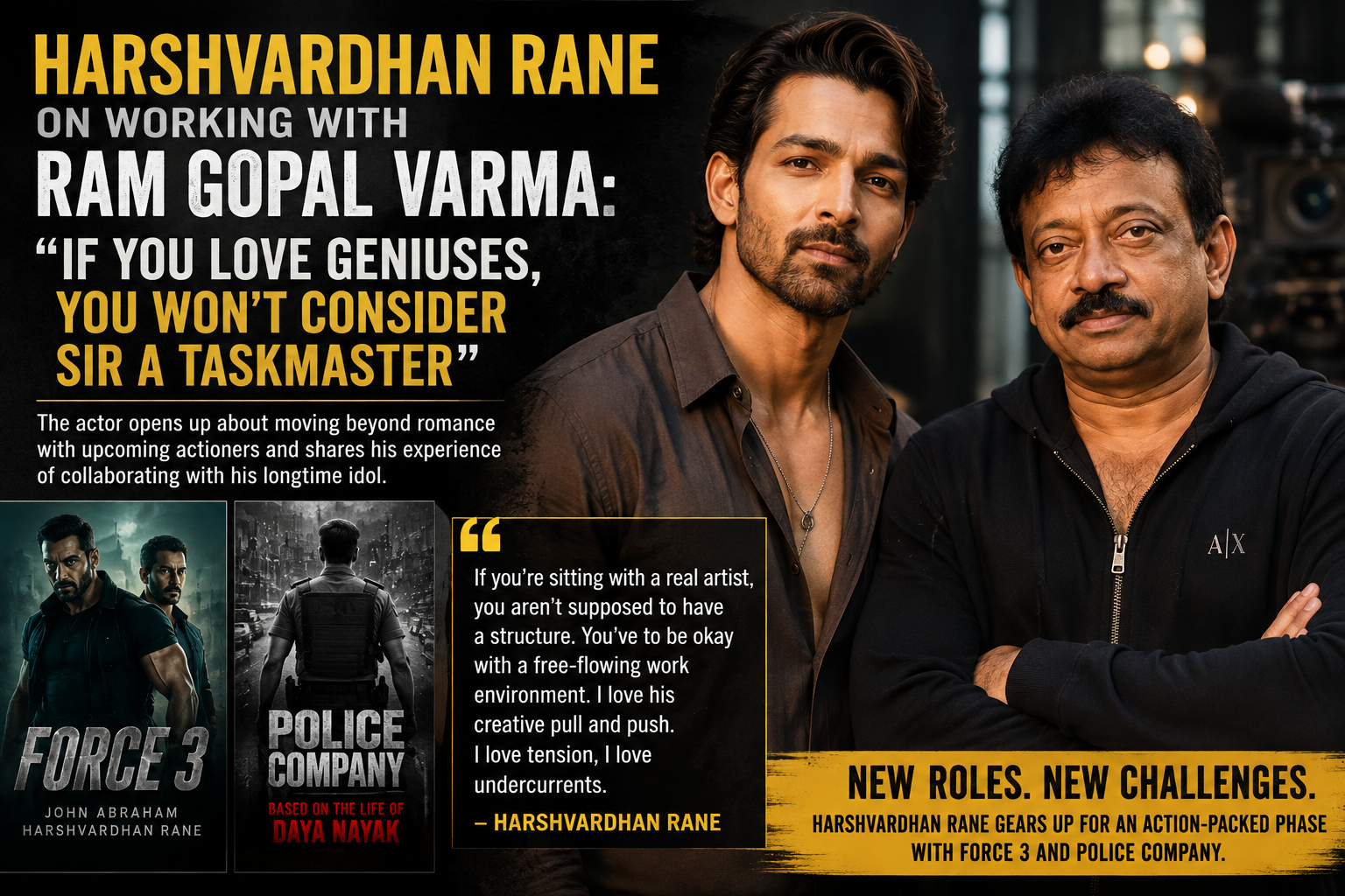 Harshvardhan Rane with Ram Gopal Varma in a cinematic entertainment news graphic