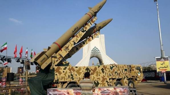 Iranian ballistic missiles displayed on a military launcher in Tehran, Iran
