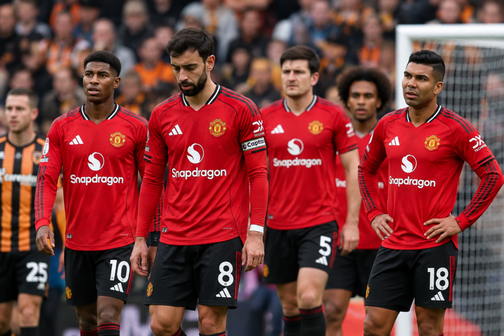 Manchester United players in their Premier League kits during a match against Hull City