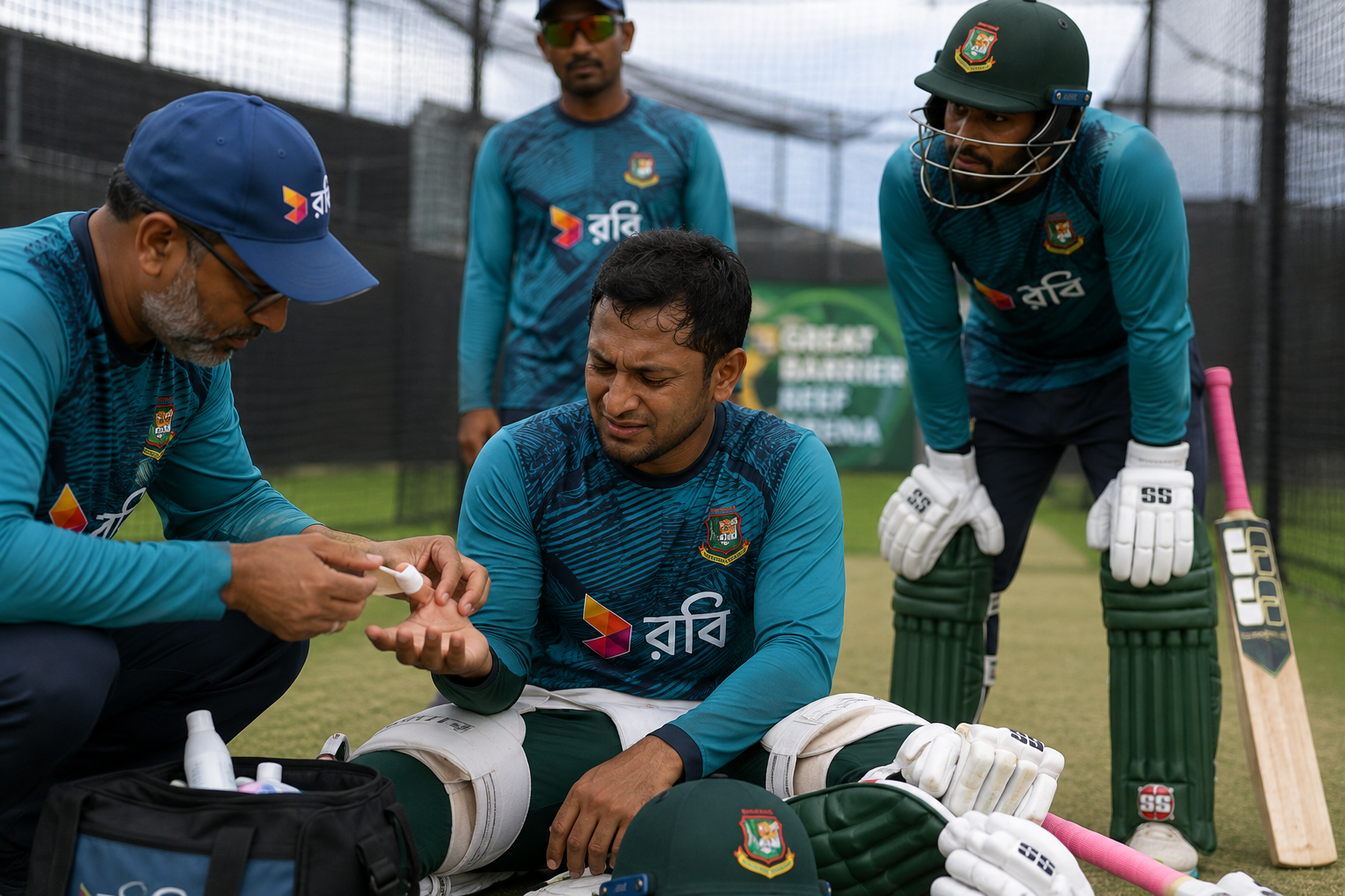 Bangladesh batter receives treatment after suffering a finger injury during cricket training in Mackay