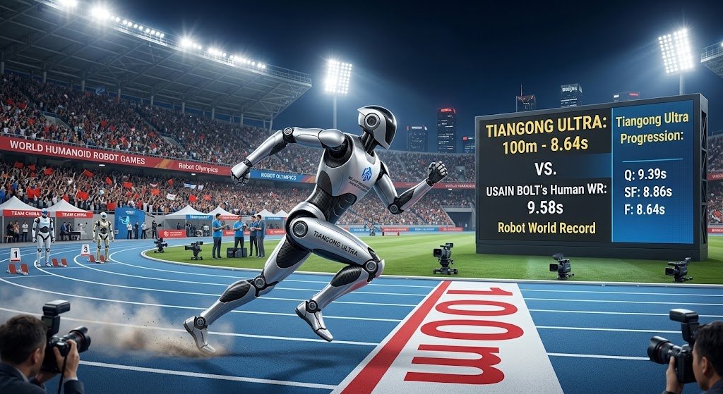 A silver and black humanoid robot is captured in a full stride, sprinting towards a large finish line marked '100m' on a blue track at night. A huge scoreboard in the background shows 'TIANGONG ULTRA: 100m - 8.64s' compared to 'USAIN BOLT's Human WR: 9.58s'. The stadium stands are filled with thousands of spectators, and press photographers are visible in the foreground and trackside.