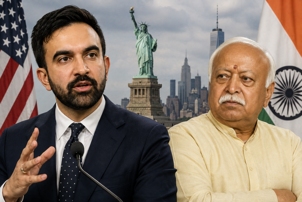 New York City Mayor Zohran Mamdani and RSS chief Mohan Bhagwat featured in a news graphic about the disputed Manhattan event.