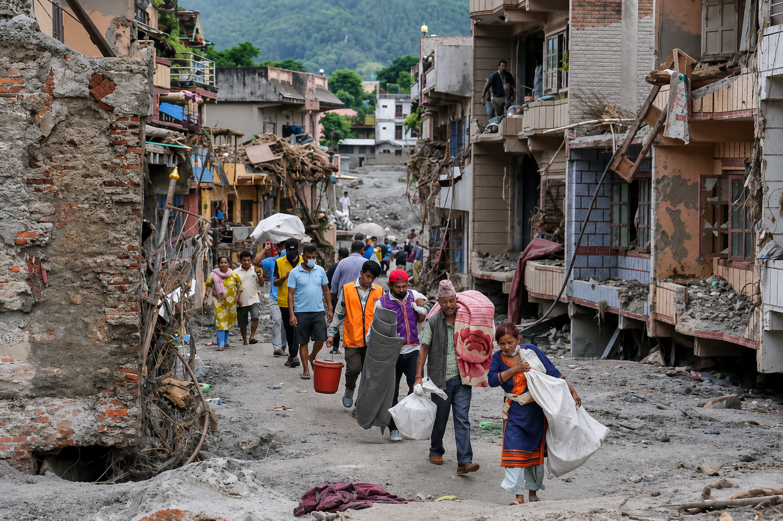Rescuers and residents walk through a mud-covered, heavily damaged street in Nepal after devastating floods