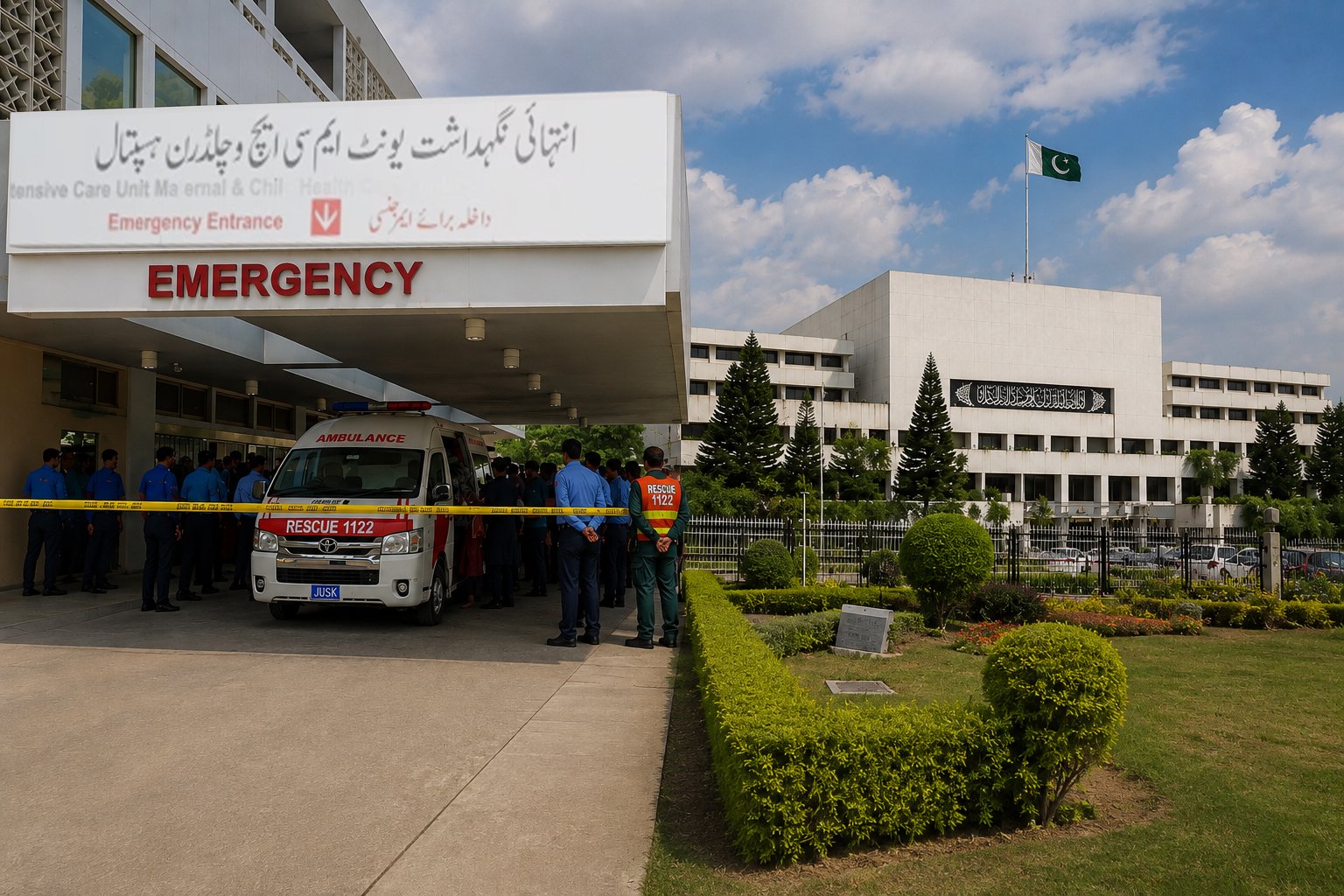 PIMS Hospital emergency entrance with ambulance and Pakistan Parliament House in Islamabad