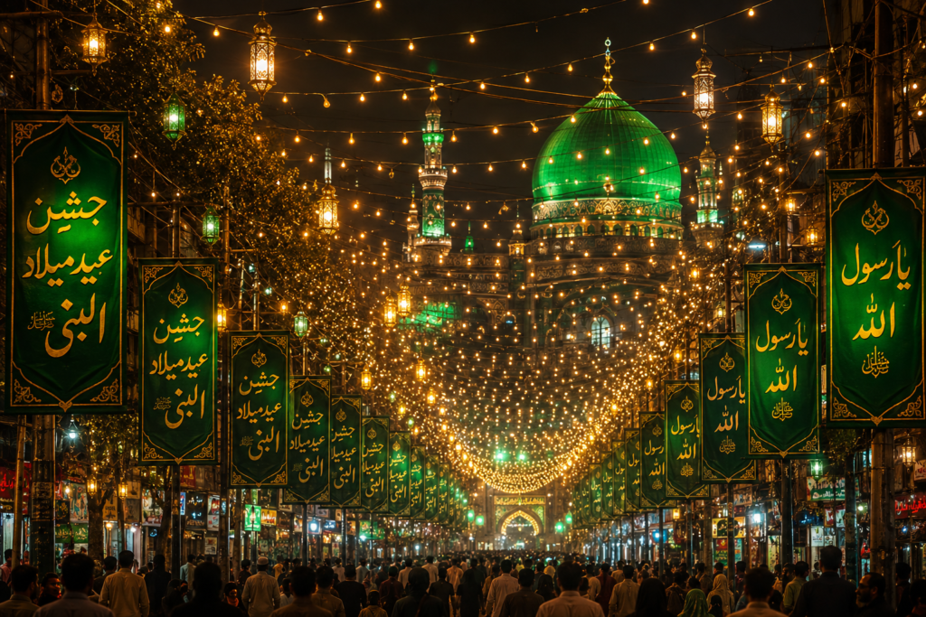 Nighttime Eid Milad-un-Nabi celebration on a beautifully illuminated Pakistani street, with a grand green-domed mosque, glowing minarets, golden string lights, and green Islamic banners.