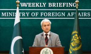 Foreign Office spokesperson Tahir Andrabi addressing a media briefing in Islamabad