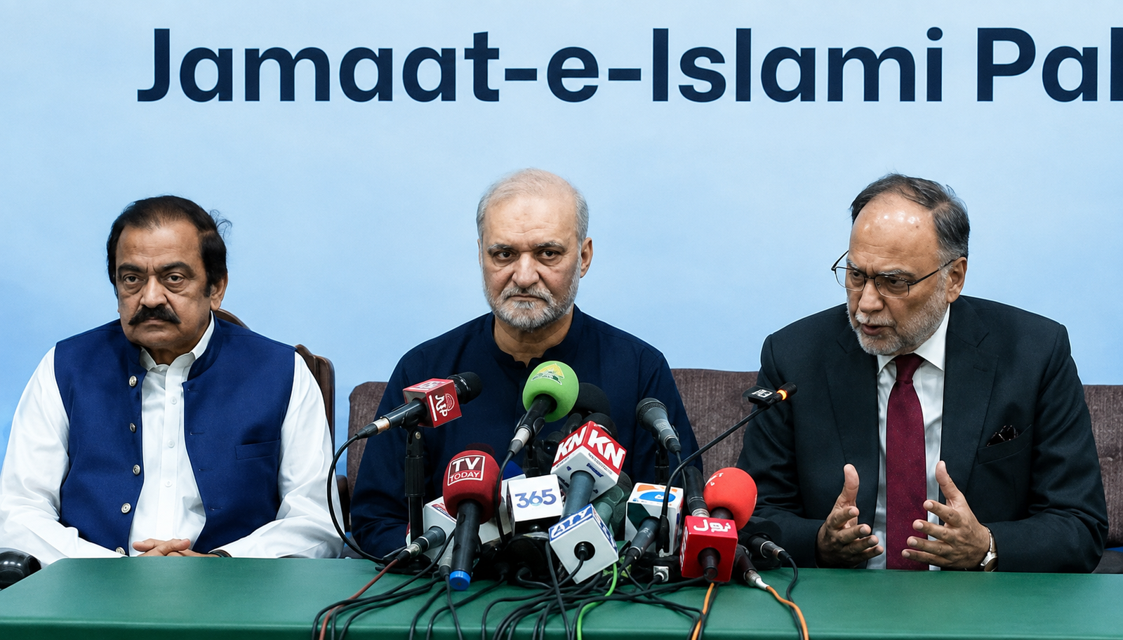 Federal Minister Ahsan Iqbal, JI Emir Hafiz Naeemur Rehman and PM Adviser Rana Sanaullah address a press conference in Lahore on petroleum levy reduction.