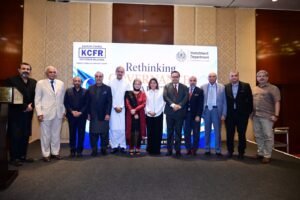 KCFR governance debate group photo featuring Dr Nasir Baig, Imran Ismail, Dr Farooq Sattar, Shahid Khaqan Abbasi and Nadira Panjwani in Karachi